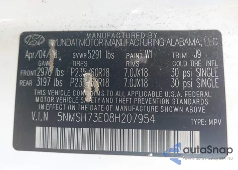 2008 Hyundai Santa Fe Se/Limited z USA, uszkodzony, nr VIN 5NMSH73E08H207954